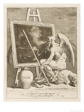 Father Time Stares Glumly into a Dark Painting as His Scythe Accidentally Rips the Canvas