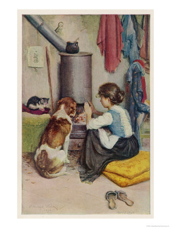 Girl a Large Dog and a Small Cat Sit Warming Themselves at an Open Stove