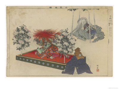 Actor with a Brilliant Red Wig and a Long Flowing Gown Dances Wildly in a Kabuki Play