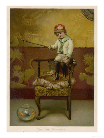 Little Boy Stands on a Chair and "Fishes" in a Goldfish Bowl