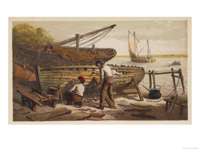 Two Fishermen Repair Their Boat on the Beach