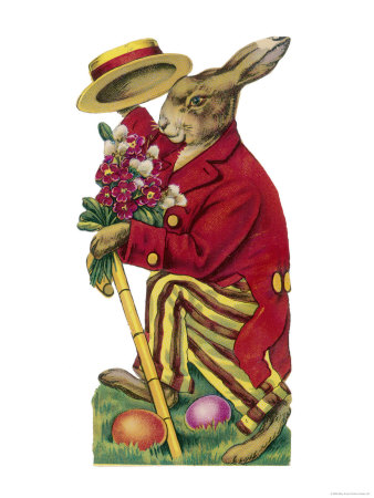An Easter Rabbit Wearing a Red Coat and Stripy Trousers Brings Someone a Bouquet of Flowers