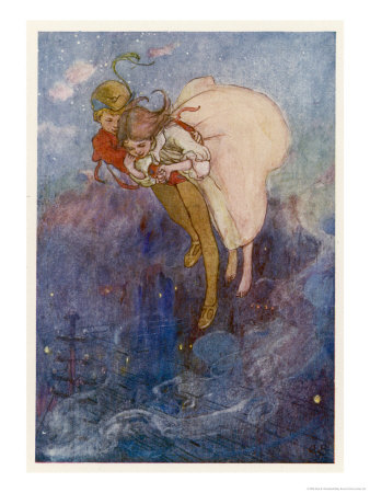 Peter Pan and Wendy Float Away Over the City