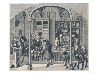 Shops Under a Covered Market in France Including a Goldsmith a Shoemaker and a Dealer in Snuff