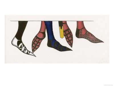 Selection of Piked Shoes with Long Uppers and Buckled Ankle Straps