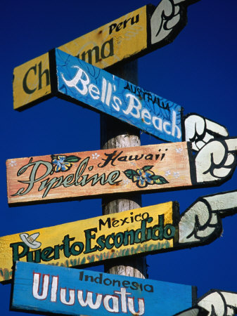 Sign Pointing to Famous Surfing Spots from Around the World, Pichilemu, Chile Poster