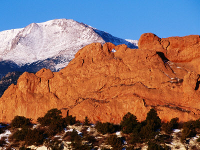 Gateway Rock Garden of the Gods Park with Pikes Peak in Background, Colorado Springs, U.S.A.