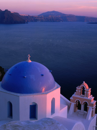 Blue-Domed Church at Sunset, Oia, Santorini Island, Southern Aegean, Greece