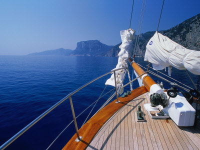 Deck of Yacht Sailing Past Cliffs of Gulf of Orosei, Sardinia, Italy