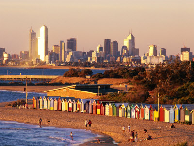 Brighton Beach Boatsheds with City in Background, Melbourne, Australia