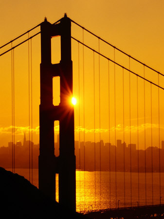 Golden Gate Bridge Silhouetted by Sun Behind, San Francisco, California, USA
