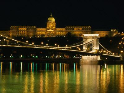 The Szechenyi Chain Bridge and the Royal Palace at Night, Budapest, Hungary