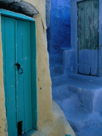 Painted Stepped Alley and Green Wooden Door,Pothia, Kalymnos, Greece
