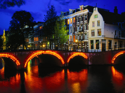 Illuminated Canal and Houses, Amsterdam, North Holland, Netherlands