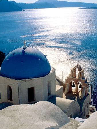 Overhead of Orthodox Church with Ocean Beyond, Oia, Greece