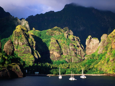 Boats Moored at the Bay of Virgins, Fatu Hiva Island, Marquesas, The, French Polynesia