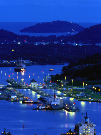 Buy High Angle View of the Miraflora Locks at Dusk, Miraflores Locks, Panama at AllPosters.com