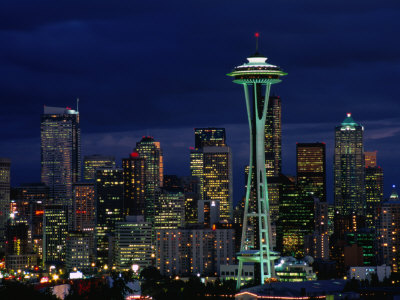 Skyline at Night with Space Needle Tower Seattle, Washington, USA