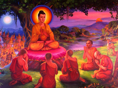 Mural in the Shwedagon Depicting Buddha's First Sermon, Yangon, Myanmar (Burma)