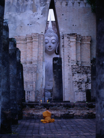 Monks Meditating in Front of Large Buddha Statue at Wat Si Chum, Sukhothai, Thailand