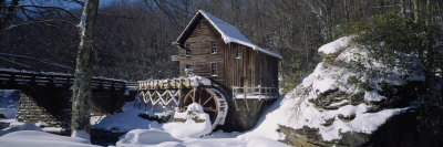 House in a Snow Covered Landscape, Glade Creek, Grist Mill Babcock State Park, West Virginia, USA