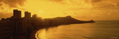 Sunrise View of City and Beach, Waikiki Beach, Honolulu, Hawaii, USA