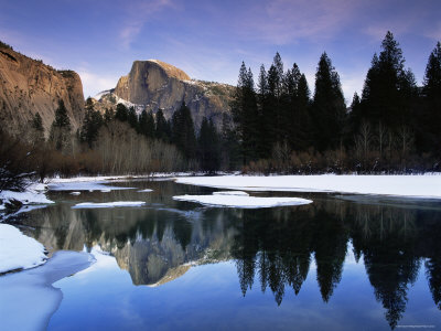 Half Dome Above River and Winter Snow, Yosemite National Park, California, USA