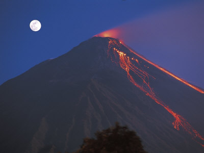 Siau Volcano Erupting with Moon Behind, N Sulawesi, Indonesia