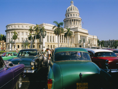 Old 1950s American Cars Outside El Capitolio Building, Havana, Cuba