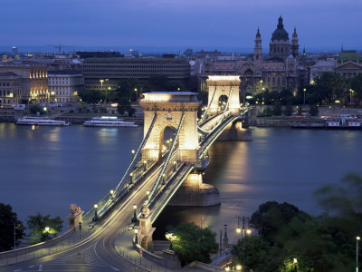 View Over Chain Bridge and St. Stephens Basilica, Budapest, Hungary