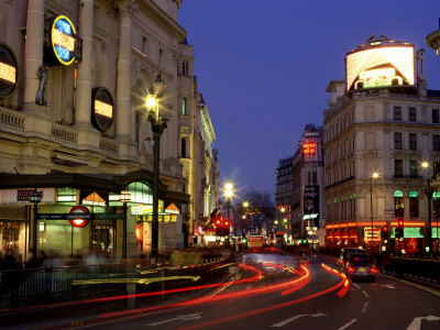 Traffic Trails and Theatre Signs at Night Near Piccadilly Circus, London, England