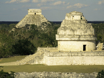 Mayan Observatory and the Great Pyramid Beyond, Chichen Itza, Unesco World Heritage Site, Mexico