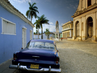 View Across Plaza Mayor with Old American Car Parked on Cobbles, Trinidad, Cuba, West Indies