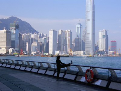 Morning Exercise, Victoria Harbour and Hong Kong Island Skyline, Hong Kong, China