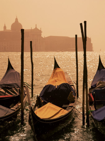 Gondolas on San Marco Canal and Church of San Giorgio Maggiore at Sunset, Venice, Veneto, Italy