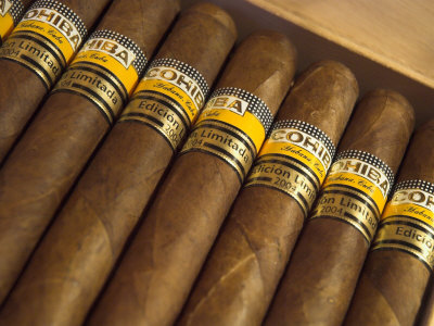 Close-Up of Limited Edition Cigars in a Box, Cohiba, Havana, Cuba, West Indies, Central America