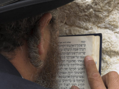 An Orthodox Jew Holding Prayer Book Against the Wall and Praying, Western Wall, Jerusalem, Israel