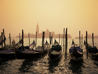 Gondolas and the Church of San Giorgio Maggiore, Venice, Veneto, Italy