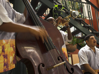 Counterbass with Trumpet Player, Part of Traditional Band Playing in a Cafe, Habana Vieja, Cuba