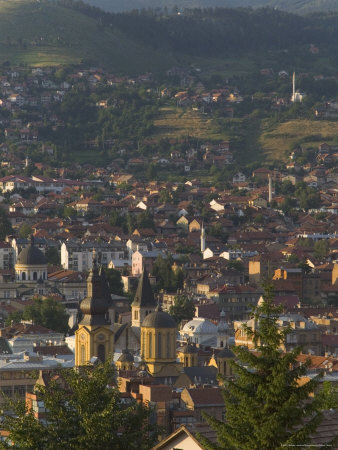 View Over City with Orthodox Cathedral in Foreground, Sarajevo, Bosnia, Bosnia-Herzegovina
