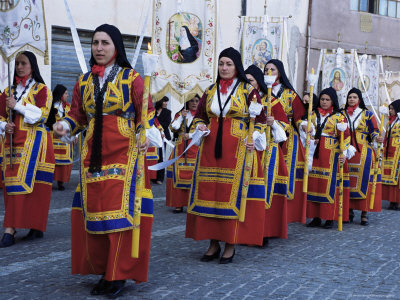 Women Carrying Banners and Candles, Corpus Domini Procession, Desulo (Gennargentu), Sardinia, Italy
