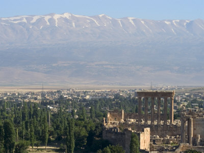 Buy Snow Capped Mountains of the Anti-Lebanon Range Behind the Roman Archaeological Site, Lebanon at AllPosters.com