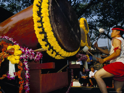 Young Thai Man Playing Drums in Parade, Flowers Festival, Chiang Mai, Thailand, Southeast Asia