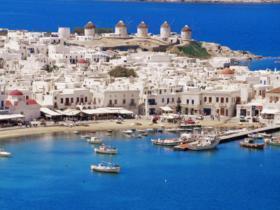 Aerial View of Mykonos, Hora and Harbour, Cyclades, Greek Islands, Greece, Mediterranean