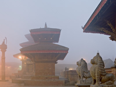 Misty Winter Dawn and Temples in Durbar Square