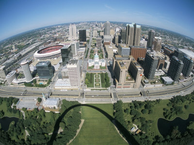 State Capitol and Downtown Seen from Gateway Arch, Which Casts a Shadow, St. Louis, USA