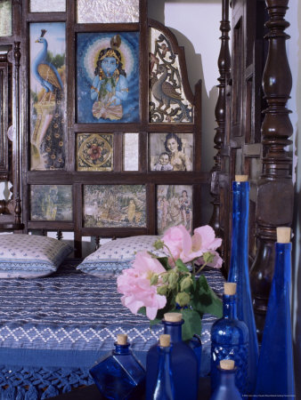 Colonial Style Bed with Bed Headboard Inlaid with 19th Century Prints of the God Krishna