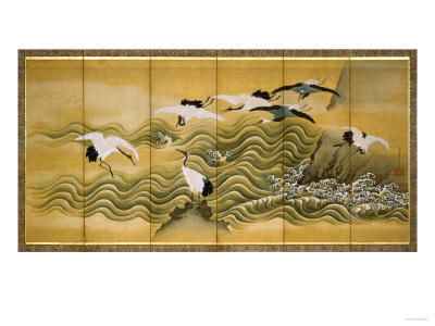Cranes and Wave, Ink, Colour and Gold on Silk