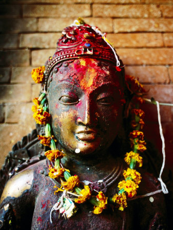 Deity with Garlands and Bindi Powder, Bhaktapur, Bagmati, Nepal