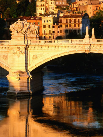 Ponte Vittorio Emanuele II Reflected in Tiber River at Sunrise, Rome, Italy